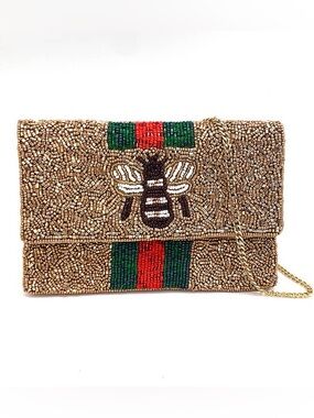 Gold Beaded Clutch with Bee Motif and Green-Red Accents